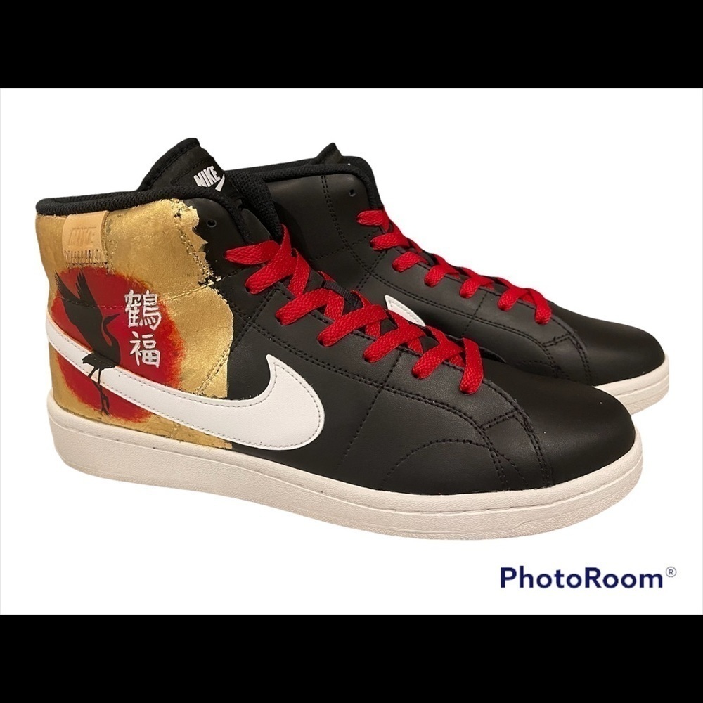2022 Custom Handpainted Japanese GOOD FORTUNE CRANE on Nike Court Royale 2 Black